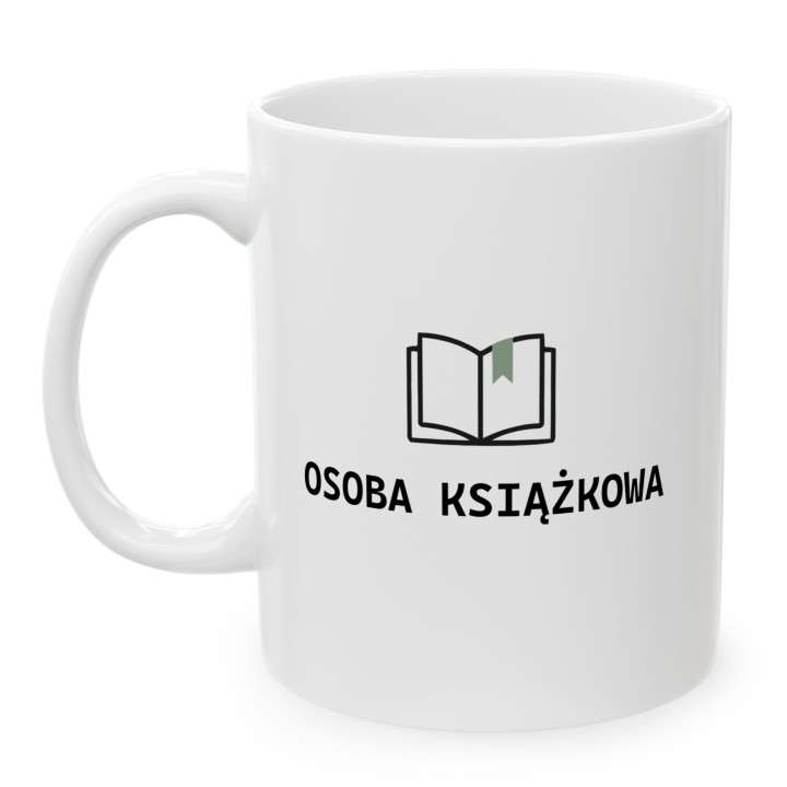 Oryginalny upominek dla fanki literatury – kubek z napisem Osoba Książkowa i zieloną zakładką.
