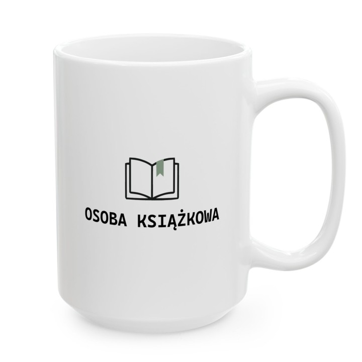 Kubek z napisem Osoba Książkowa jako dodatek do domowej biblioteczki i kącika do czytania.