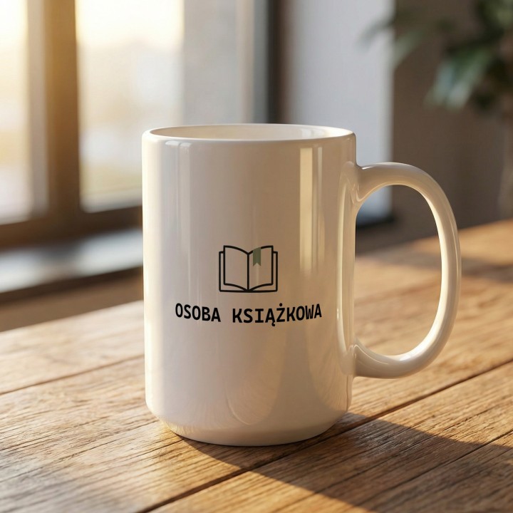 Gadżet dla bibliotekarki i polonisty – kubek z motywem książki i napisem identyfikującym pasję.