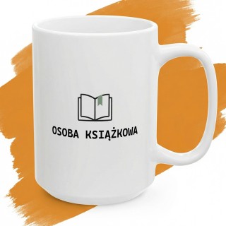 Biały kubek z napisem Osoba Książkowa i minimalistyczną ikoną otwartej książki.
