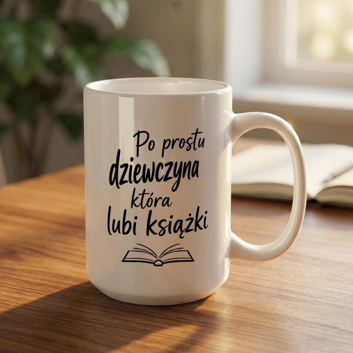 Akcesoria do kącika czytelniczego – kubek z napisem „Po prostu dziewczyna która lubi książki” pasujący do każdego regału.