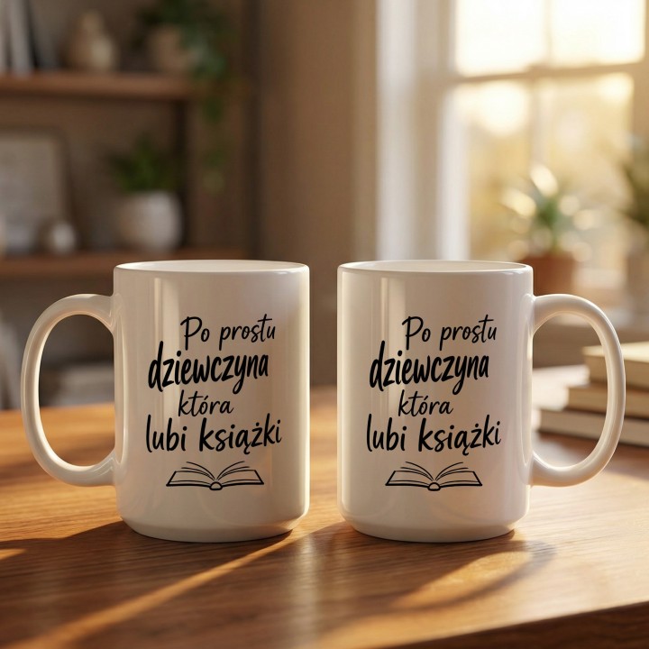 Biały kubek z nadrukiem dla dziewczyny, która kocha kupować nowe książki i dba o swoją domową biblioteczkę.