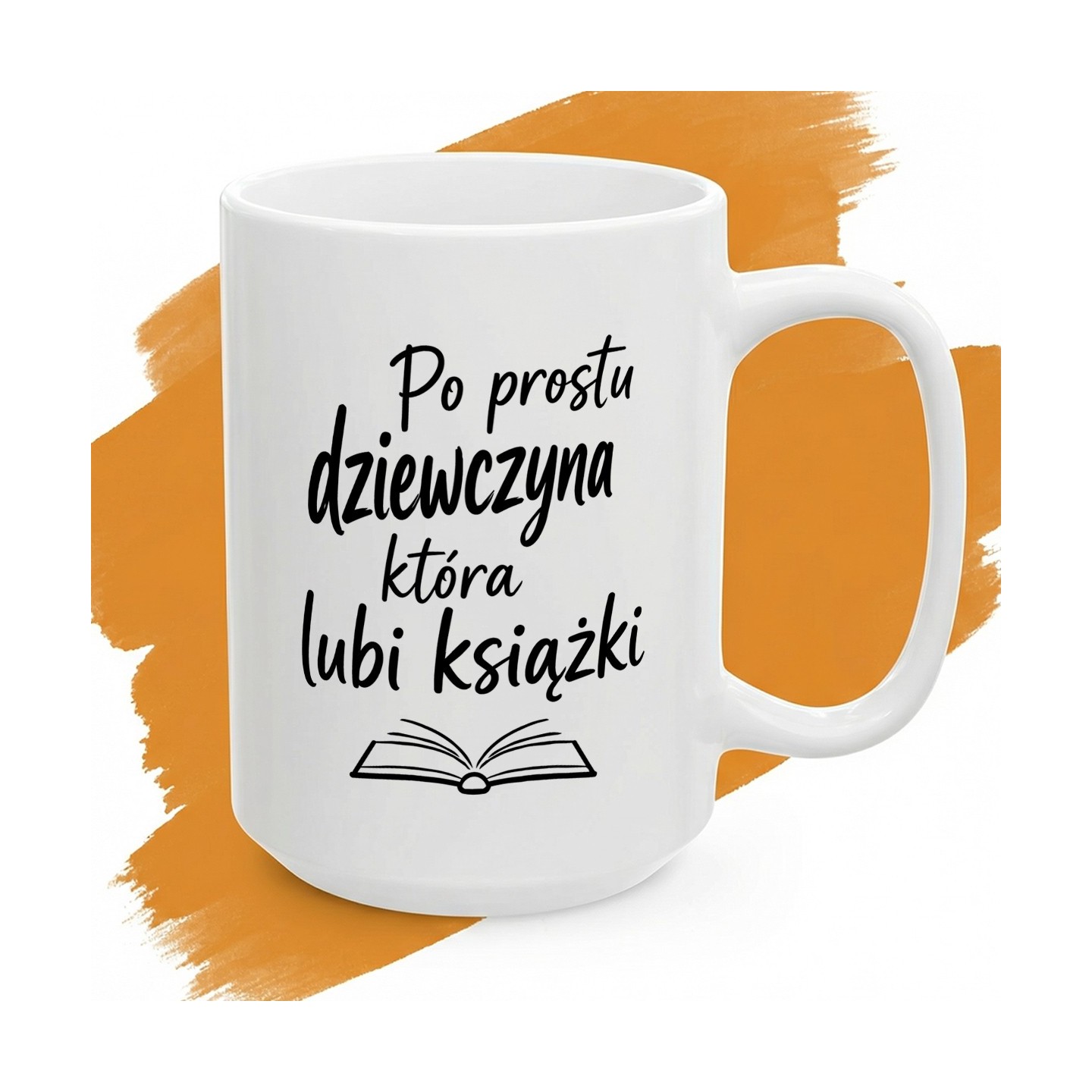 Kubek dla mola książkowego z napisem „Po prostu dziewczyna która lubi książki” i minimalistyczną ikoną otwartego tomu.