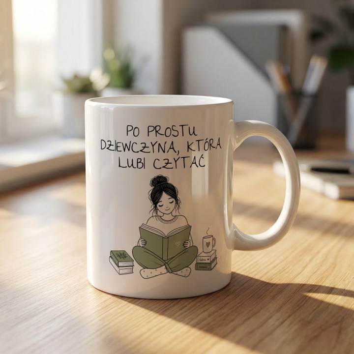 Personalizowany kubek dla czytelniczki z Twoim własnym hasłem i ilustracją mola książkowego dopasowaną do Twojego wyglądu.