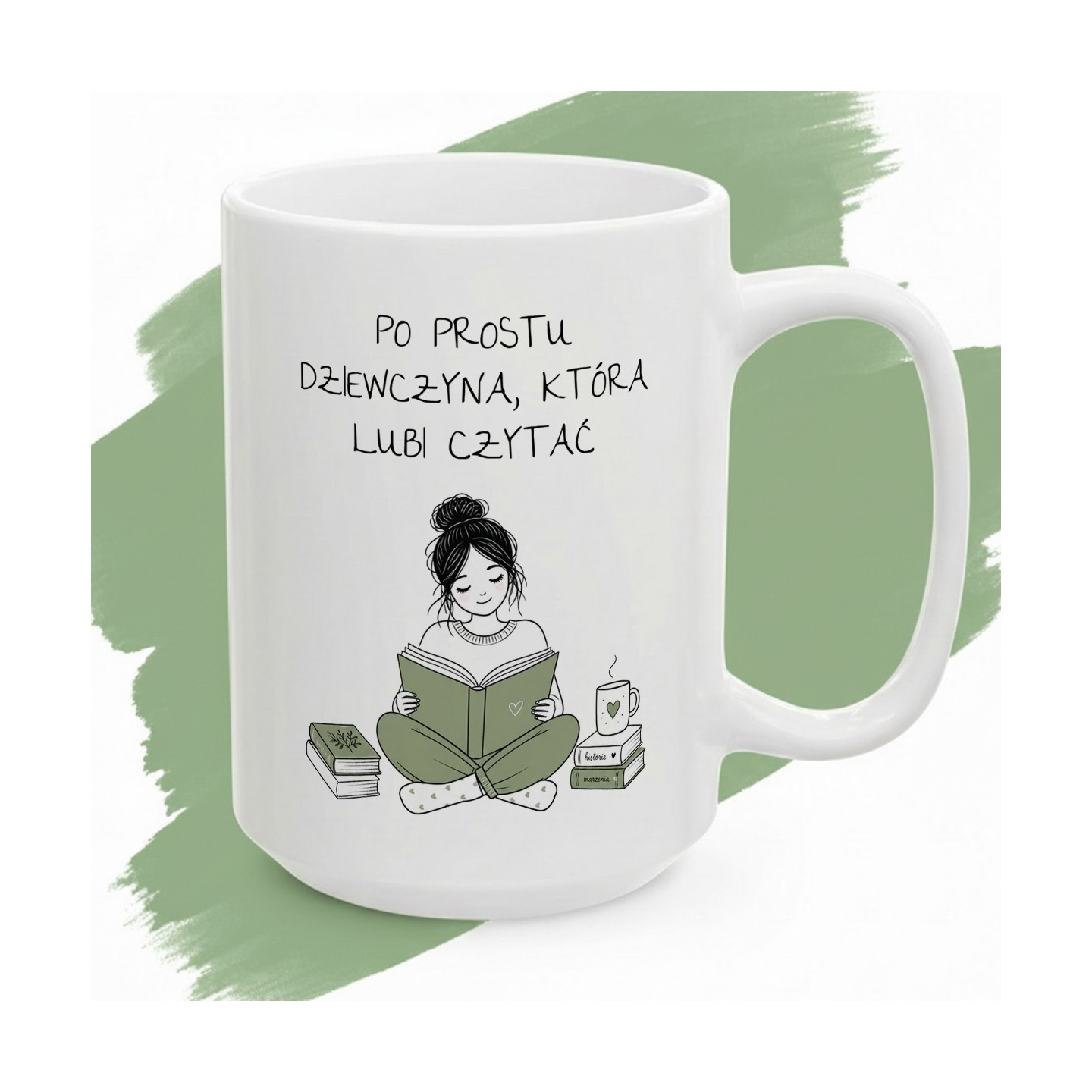 Personalizowany kubek dla czytelniczki z Twoim własnym napisem i grafiką dziewczyny siedzącej na podłodze wśród stosów książek.