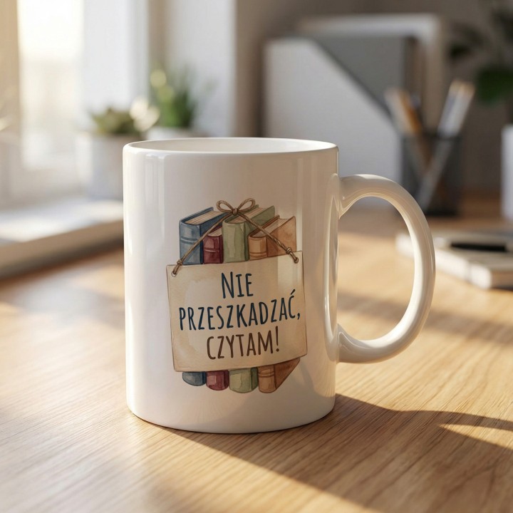 Prezentowy kubek dla czytelnika z napisem Nie przeszkadzać czytam