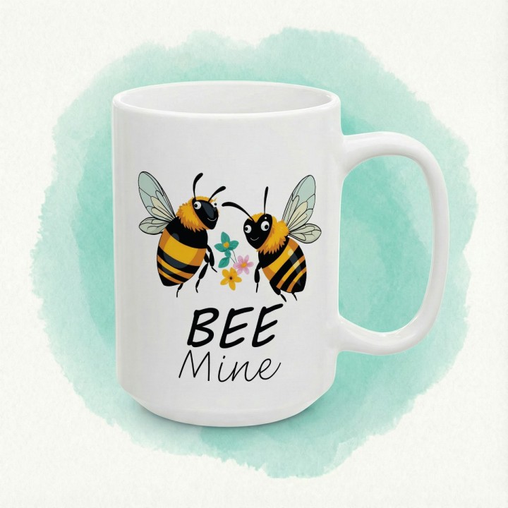 Kubek z nadrukiem „BEE Mine” – pszczółki i kwiatki, walentynkowy prezent dla par