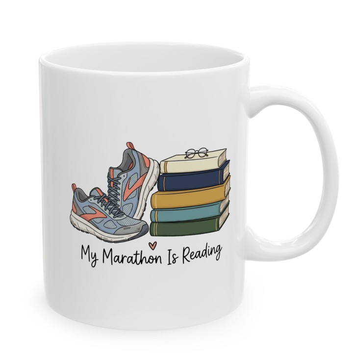 Kubek z nadrukiem My Marathon Is Reading dla miłośnika książek | Wręcz Wspaniale
