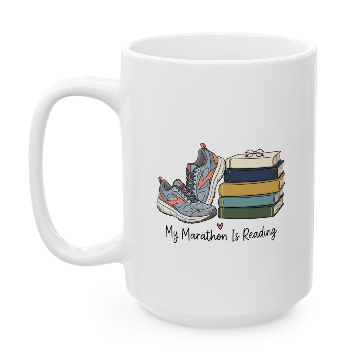 Kubek z nadrukiem My Marathon Is Reading dla miłośnika książek | Wręcz Wspaniale