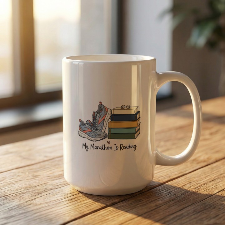 Biały kubek z ilustracją butów sportowych, książek i tekstem My Marathon Is Reading