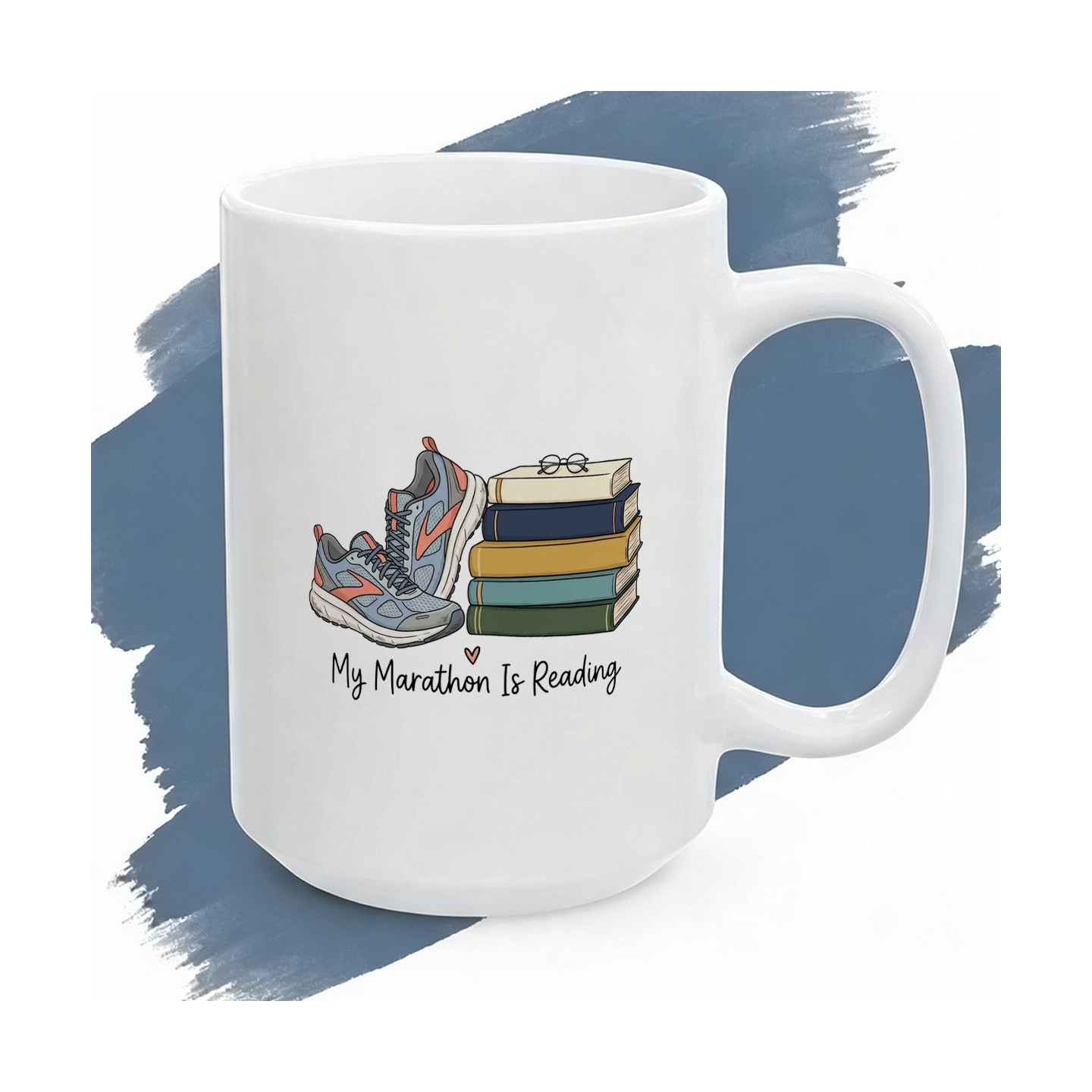 Biały kubek z nadrukiem My Marathon Is Reading dla miłośnika książek i czytelniczych maratonów