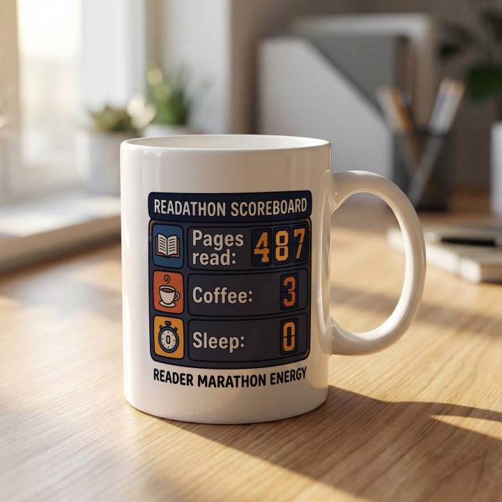 Kubek z nadrukiem Reader Marathon Energy dla osoby, która zarywa noce przez książki