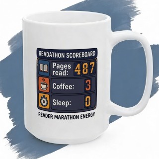 Biały kubek z nadrukiem Readathon Scoreboard dla miłośnika książek i maratonów czytelniczych