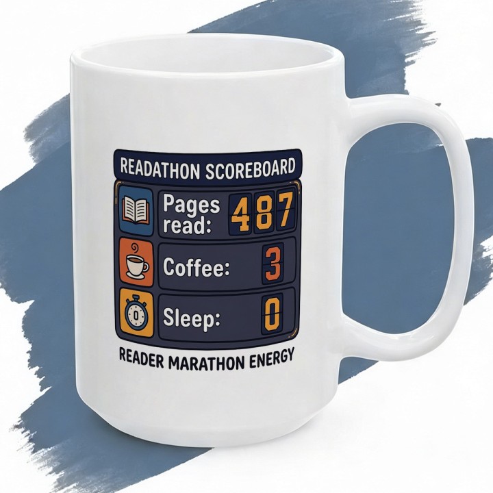 Biały kubek z nadrukiem Readathon Scoreboard dla miłośnika książek i maratonów czytelniczych