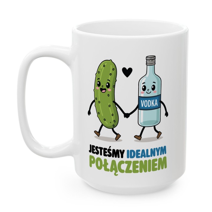 Kubek z nadrukiem „Jesteśmy idealnym połączeniem” – ogórek i wódka, śmieszny prezent