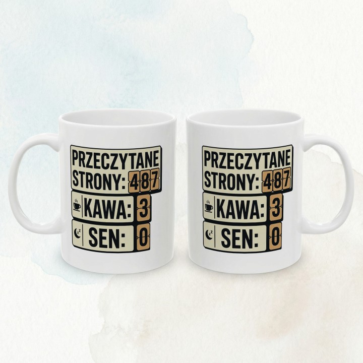 Kubek z książkowym nadrukiem dla czytelnika, który liczy strony, kawę i zarwane noce