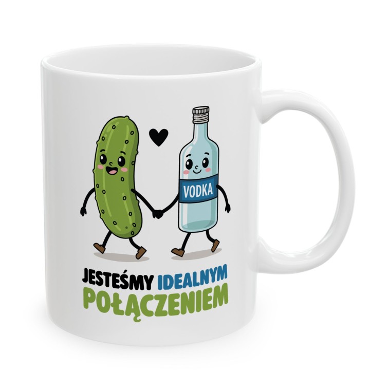 Kubek z nadrukiem „Jesteśmy idealnym połączeniem” – ogórek i wódka, śmieszny prezent