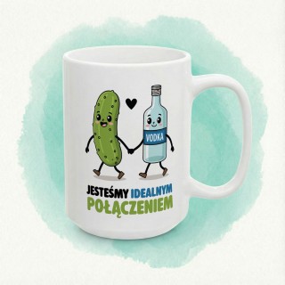 Kubek z nadrukiem „Jesteśmy idealnym połączeniem” – ogórek i wódka, śmieszny prezent