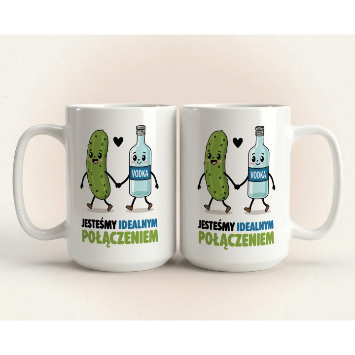 Kubek z nadrukiem „Jesteśmy idealnym połączeniem” – ogórek i wódka, śmieszny prezent
