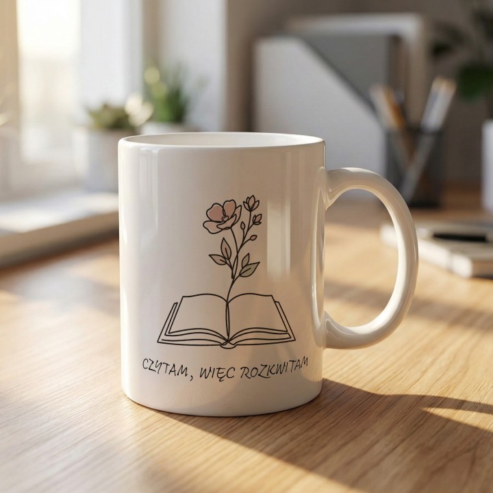 Biały kubek z nadrukiem otwartej książki i kwiatu dla osoby kochającej literaturę