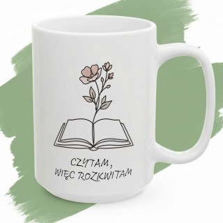 Kubek z książkowym nadrukiem Czytam więc rozkwitam jako prezent dla czytelniczki