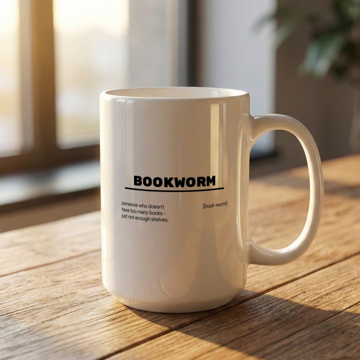 Biały kubek z minimalistycznym nadrukiem dla bookworma i fana literatury
