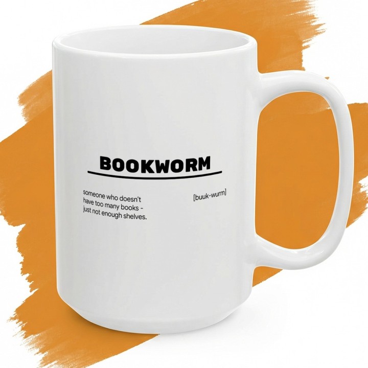 Biały kubek z nadrukiem Bookworm dla miłośnika książek i domowej biblioteczki
