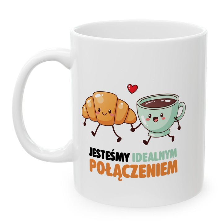 Kubek „Jesteśmy idealnym połączeniem” – kawa i rogalik, prezent dla par