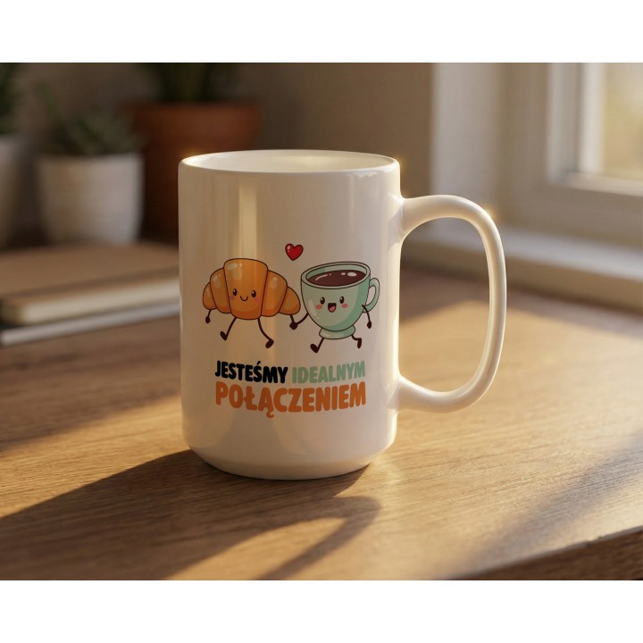 Kubek „Jesteśmy idealnym połączeniem” – kawa i rogalik, prezent dla par