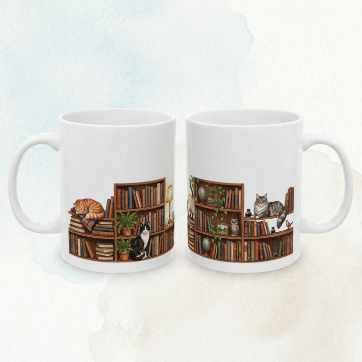 Kubek z ilustracją biblioteczki, książek i kotów w przytulnym czytelniczym klimacie.
