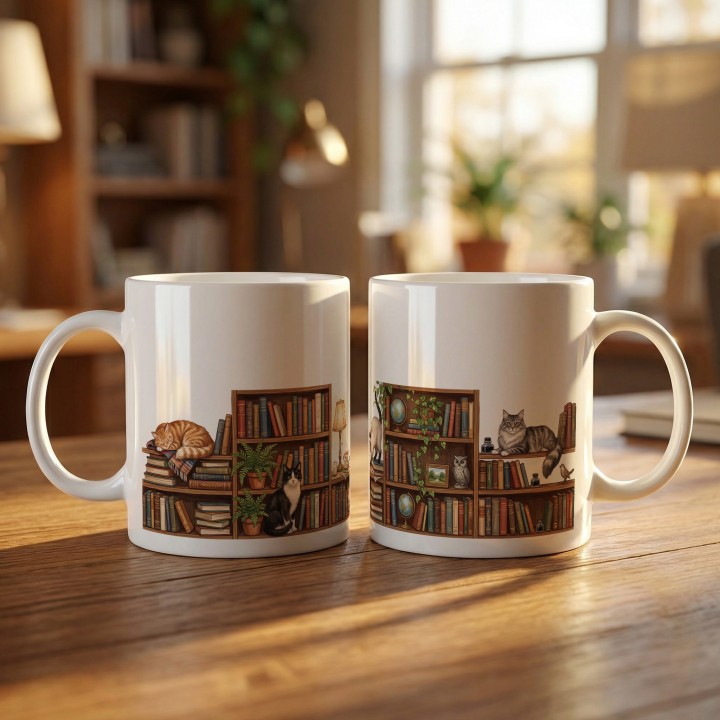 Ceramiczny kubek z motywem kotów, książek i półek pełnych historii.