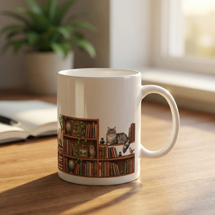Kubek z nadrukiem Kocia biblioteka dla miłośników książek | Wręcz Wspaniale