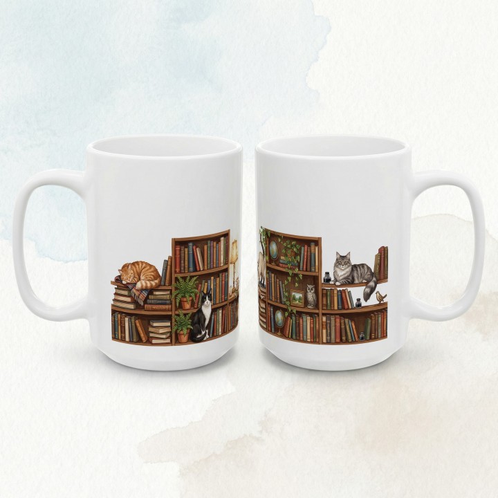 Kubek Kocia biblioteka z nadrukiem dla czytelniczki, kociary i fanki domowego spokoju.