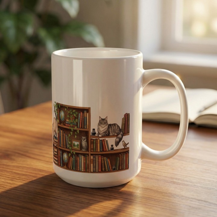 Kubek z nadrukiem Kocia biblioteka dla miłośników książek | Wręcz Wspaniale