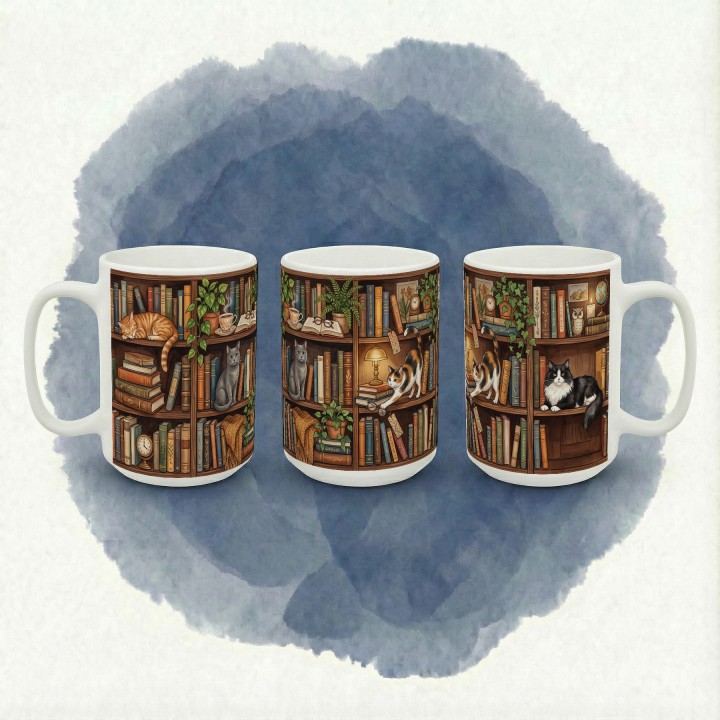 Kubek z ilustracją regałów pełnych książek, kotów i przytulnego bibliotecznego klimatu.
