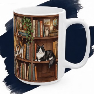 Kubek z nadrukiem kociej biblioteki dla miłośników książek, kotów i domowego czytania.