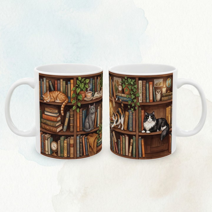 Kubek Kocia biblioteka z nadrukiem dla czytelnika, który najchętniej znika między półkami.