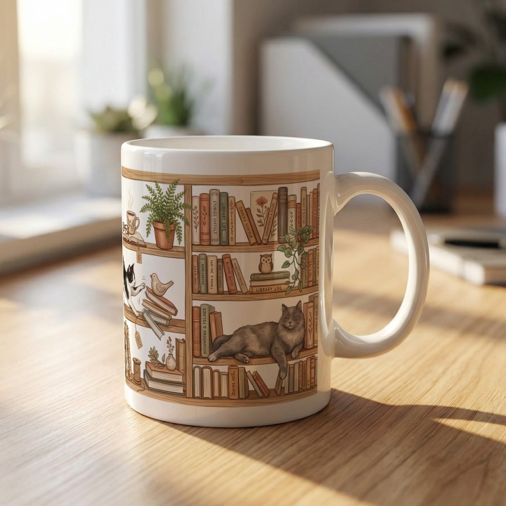 Kubek z motywem biblioteki i kotów dla czytelnika, który ma własny regałowy azyl.