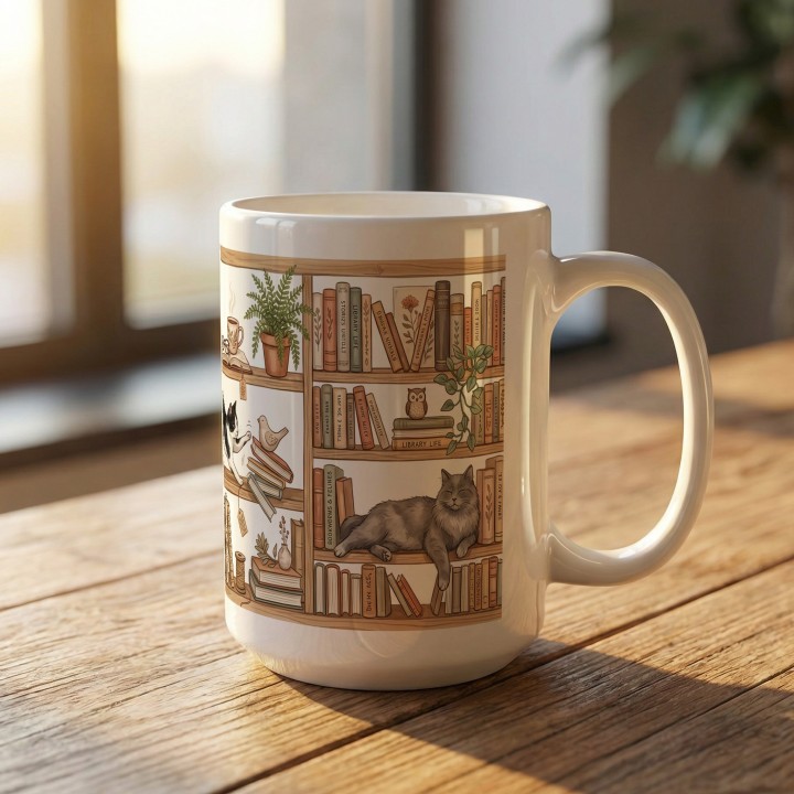Kubek z ilustracją kotów na regałach, książek i przytulnego klimatu domowej biblioteki.