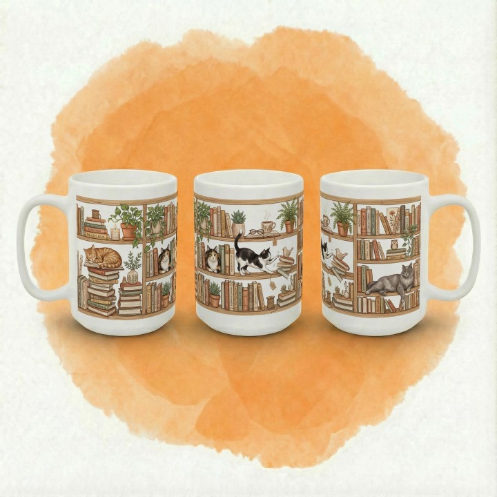 Kubek dla miłośników książek i kotów z ilustracją przytulnej domowej biblioteczki.