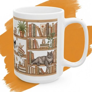 Kubek z nadrukiem kociej biblioteki z regałami, książkami, roślinami i kotami.