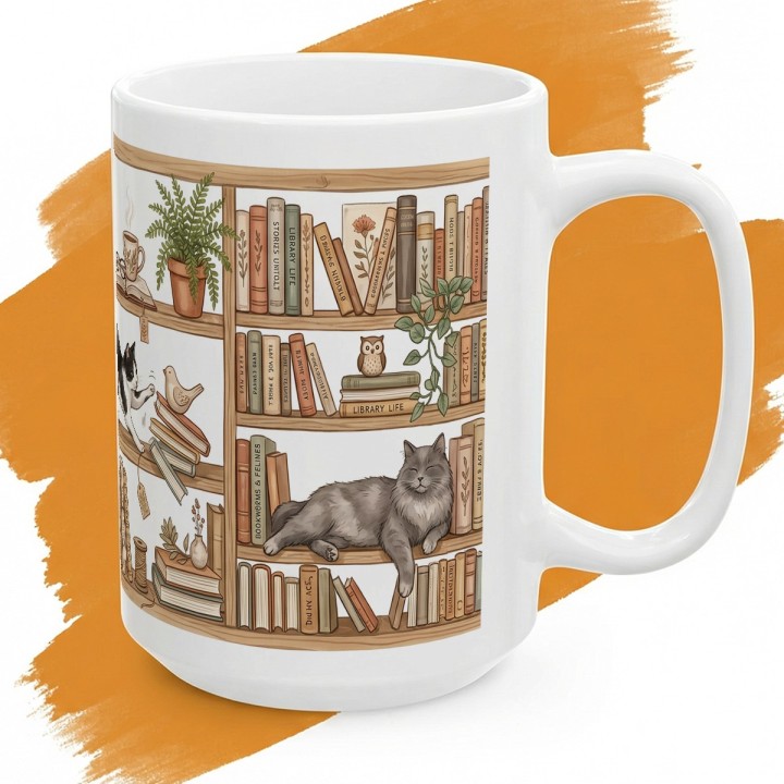 Kubek z nadrukiem kociej biblioteki z regałami, książkami, roślinami i kotami.