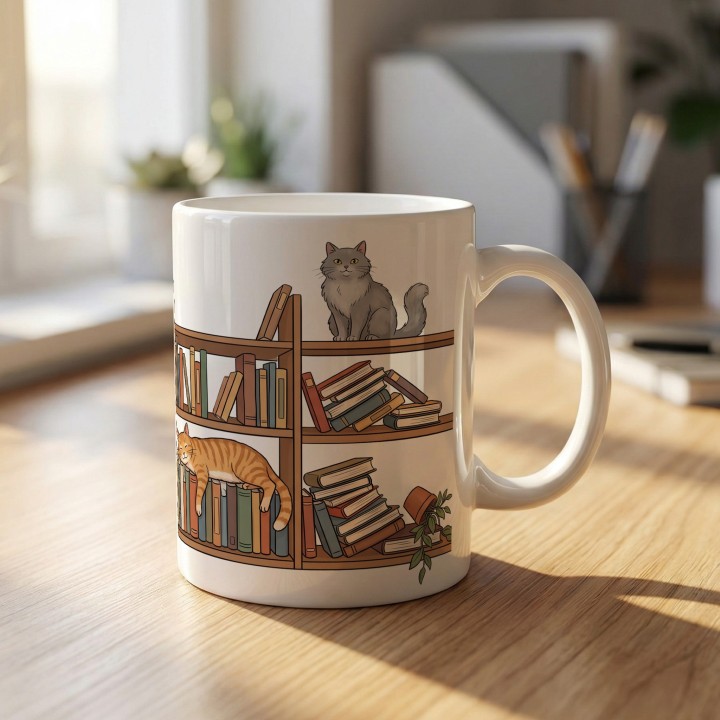Kubek z nadrukiem Kocia biblioteka dla czytelnika i kociarza | Wręcz Wspaniale