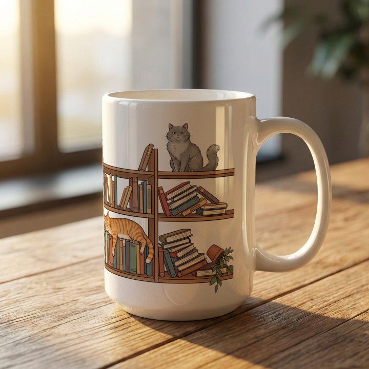 Kubek z nadrukiem Kocia biblioteka dla czytelnika i kociarza | Wręcz Wspaniale