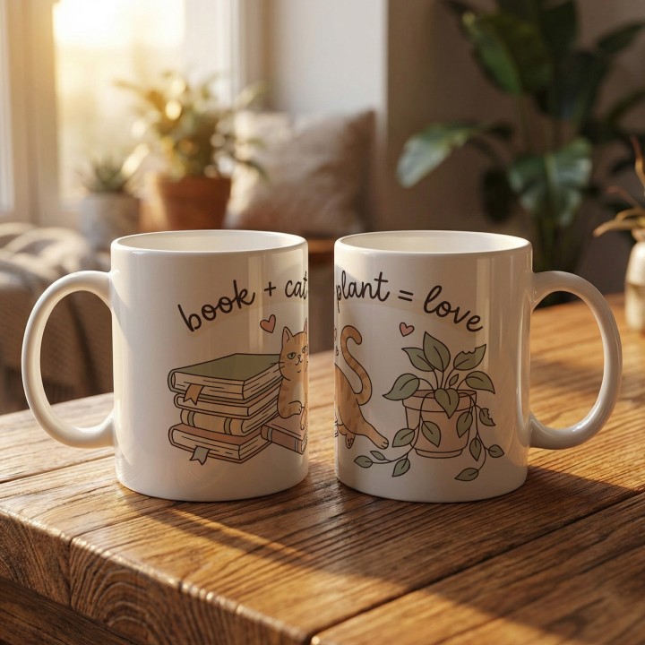 Kubek z napisem Book Cat Plant Love jako prezent dla czytelniczki, kociary i rośliniary.