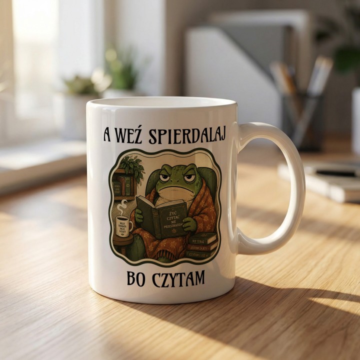 Kubek z żabą czytającą książkę i tekstem dla osób, którym lepiej nie przerywać lektury.
