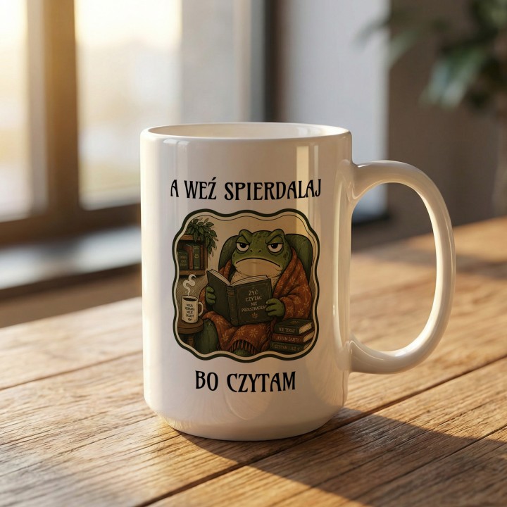 Kubek z ironicznym tekstem dla czytelnika, który w trakcie książki jest społecznie niedostępny.
