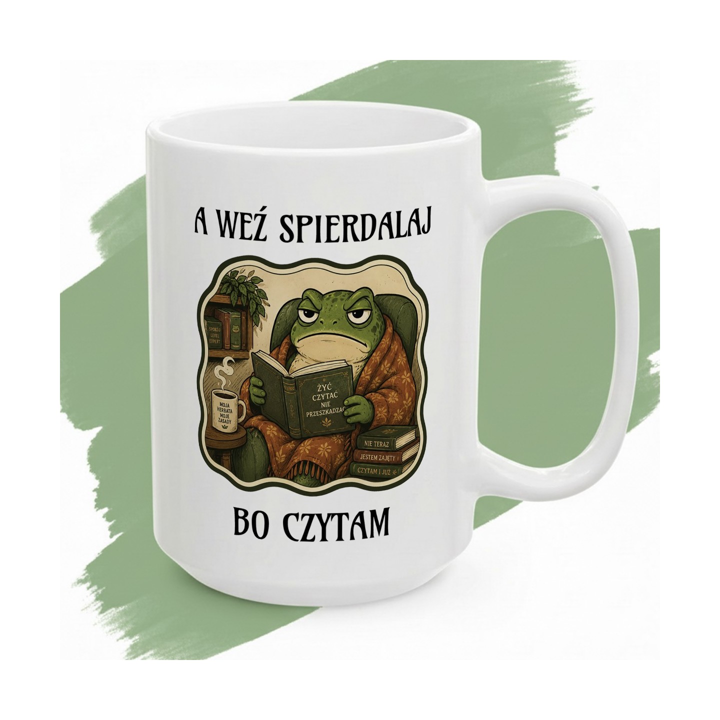 Kubek z nadrukiem „A weź spierdalaj bo czytam” dla czytelnika z ciętym humorem.