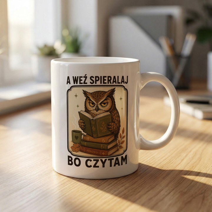 Kubek z nadrukiem z sową dla czytelnika „A weź spieralaj, bo czytam” | Wręcz Wspaniale