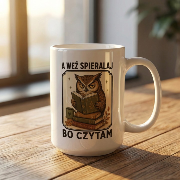 Kubek z nadrukiem z sową dla czytelnika „A weź spieralaj, bo czytam” | Wręcz Wspaniale